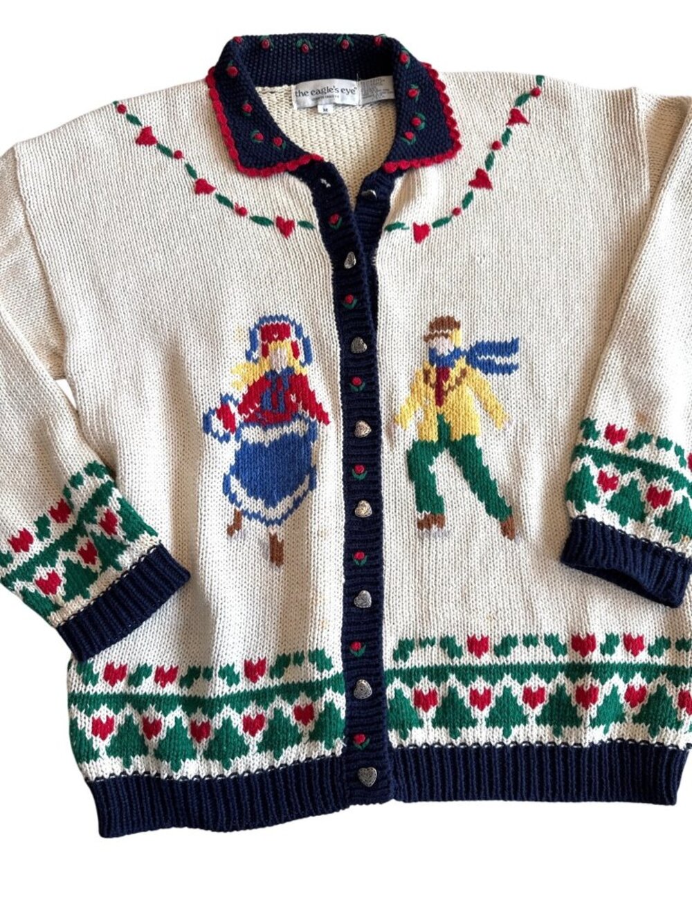 Ice Skating Couple Hand-Knit Folk Cardigan Sweater M Cotton Blend Ivory Navy